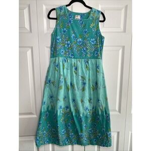 Vintage Daffodil Womens Medium Blue Floral Sleeveless Cotton House Dress Trad